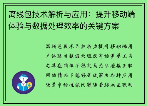 离线包技术解析与应用：提升移动端体验与数据处理效率的关键方案